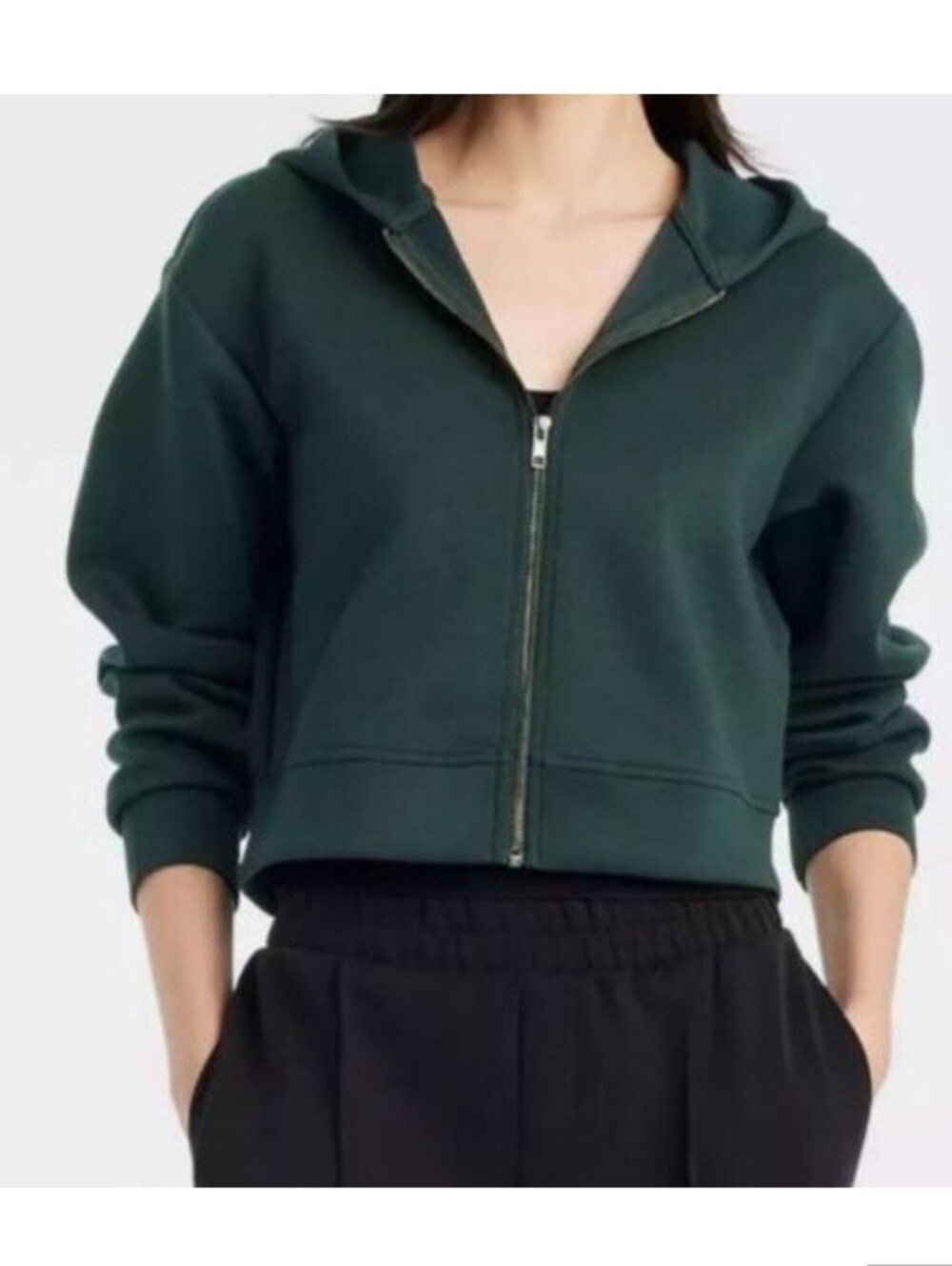 A New Day Dark Green Zip-Up Hooded Crop Sweatshirt